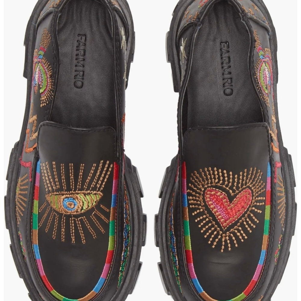 Farm Rio Women's Black Embroidered Loafers